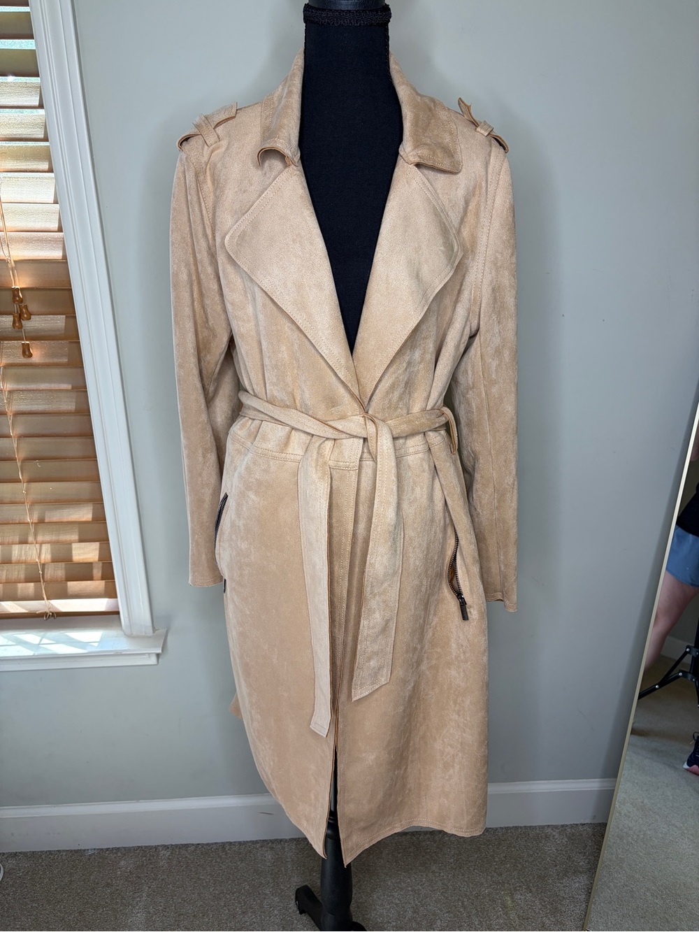 T Tahari Faux Suede Leather Trench Coat Beige XL